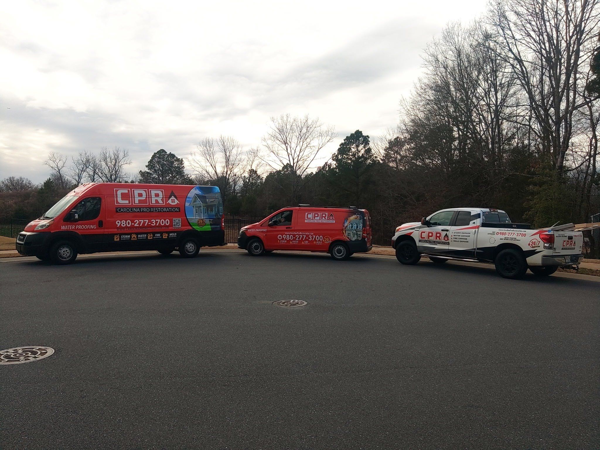 Carolina Pro Restoration trucks at the Fort Mill office