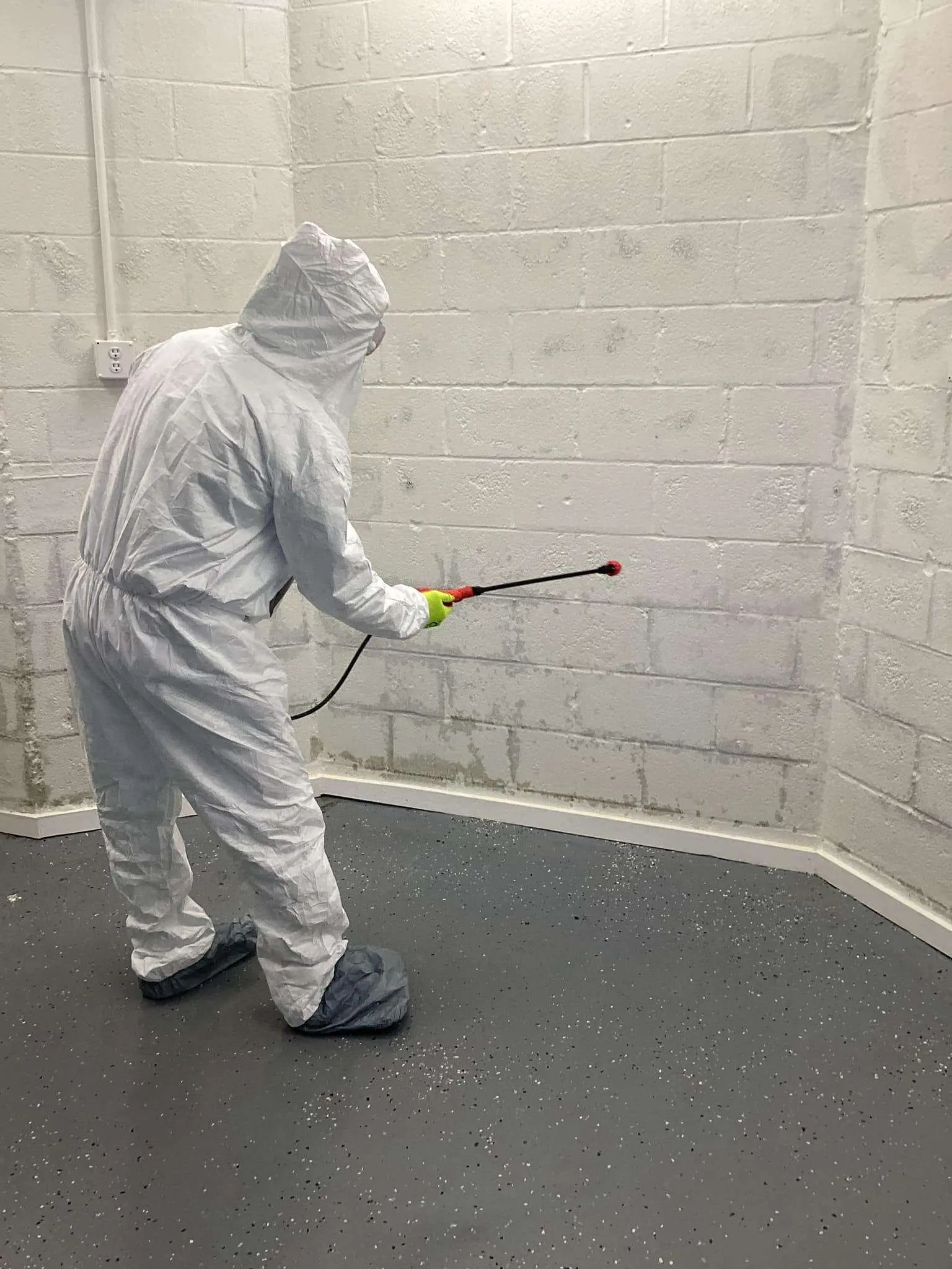 Mold remediation specialist in full PPE treating a wall
